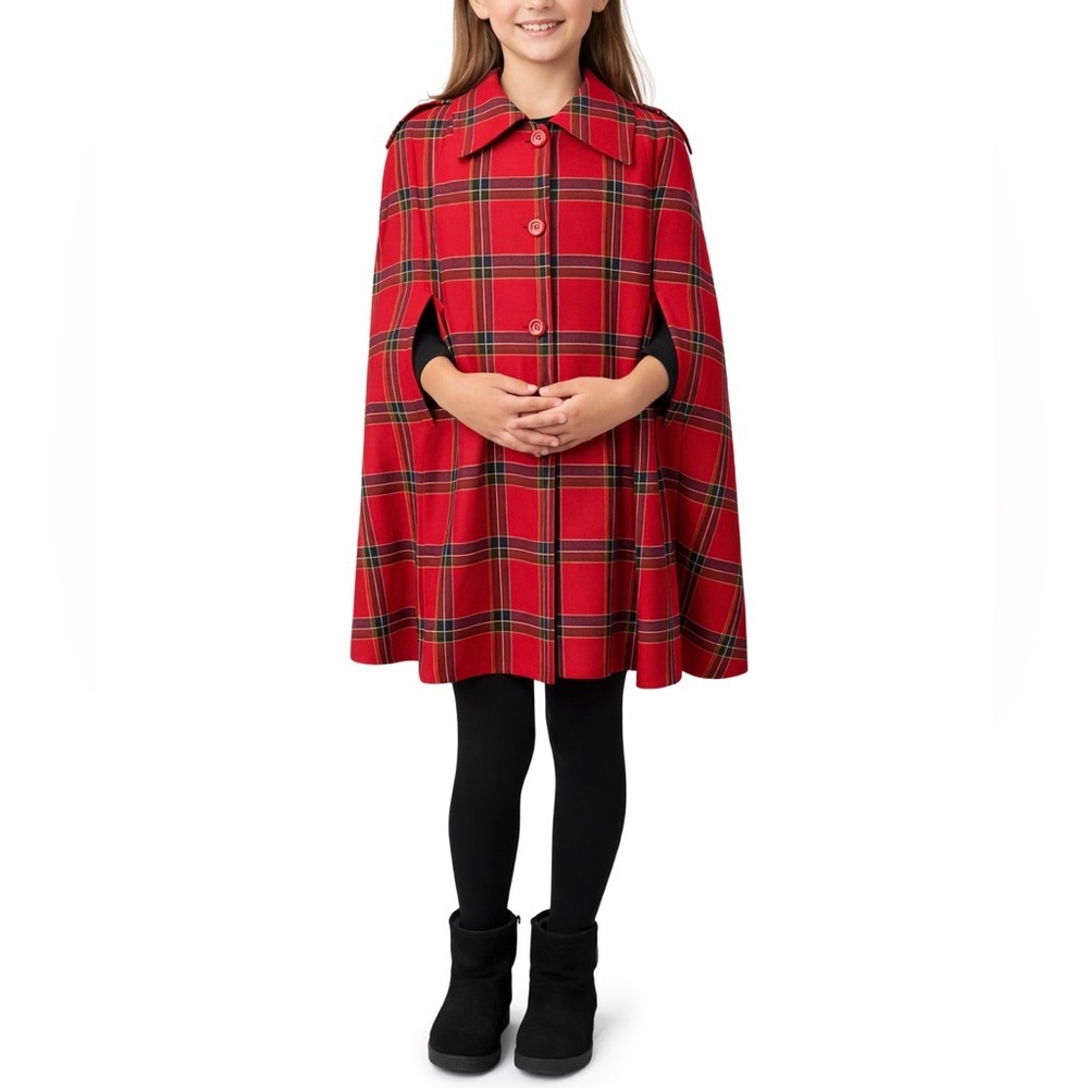 VINTAGE Red Tartan Plaid Wool Cape‎ Poncho